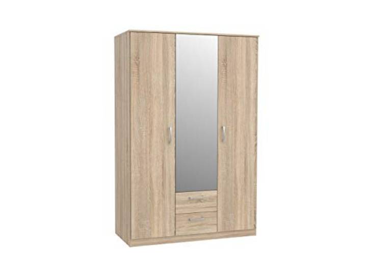 Kleiderschrank NIKO NIKS82, Schrank, 3 Türiger Drehtürenschrak, Universalschrank mit Kleiderstange, 1 Einlegeboden, Spiegel und 2 Schubkasten (Sonoma Eiche)