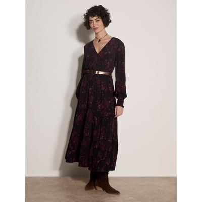 Midikleid APRICOT "Crêpekleid in wadenlänge", Damen, Gr. M (38), N-Gr, rot (burgund), gewebt, Obermaterial: 100% Viskose CV., geblümt, Modisch, V-Ausschnitt, Elastische Bündchen, Kleider Midikleid, mit Blumenmuster