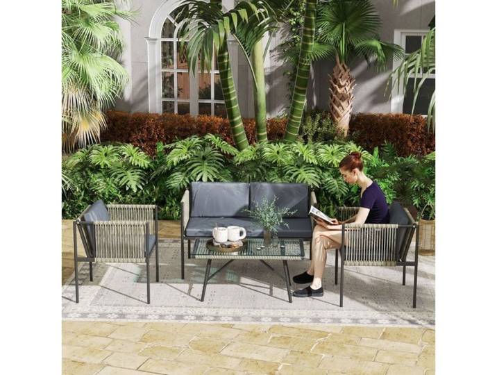 Salon Bas De Jardin 4 Pieces Gris Salon Exterieur FloraGrace Pour Balcon Avec Coussins 116x65x68cm