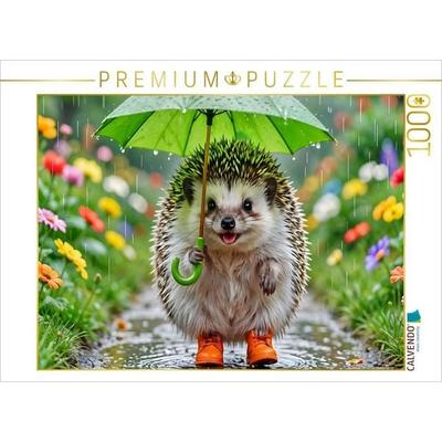 CALVENDO Puzzle Igel mit Regenschirm - Gemütlich durch den Regen spaziert | 1000 Teile Lege-Größe 64x48cm Foto-Puzzle für glückliche Stunden
