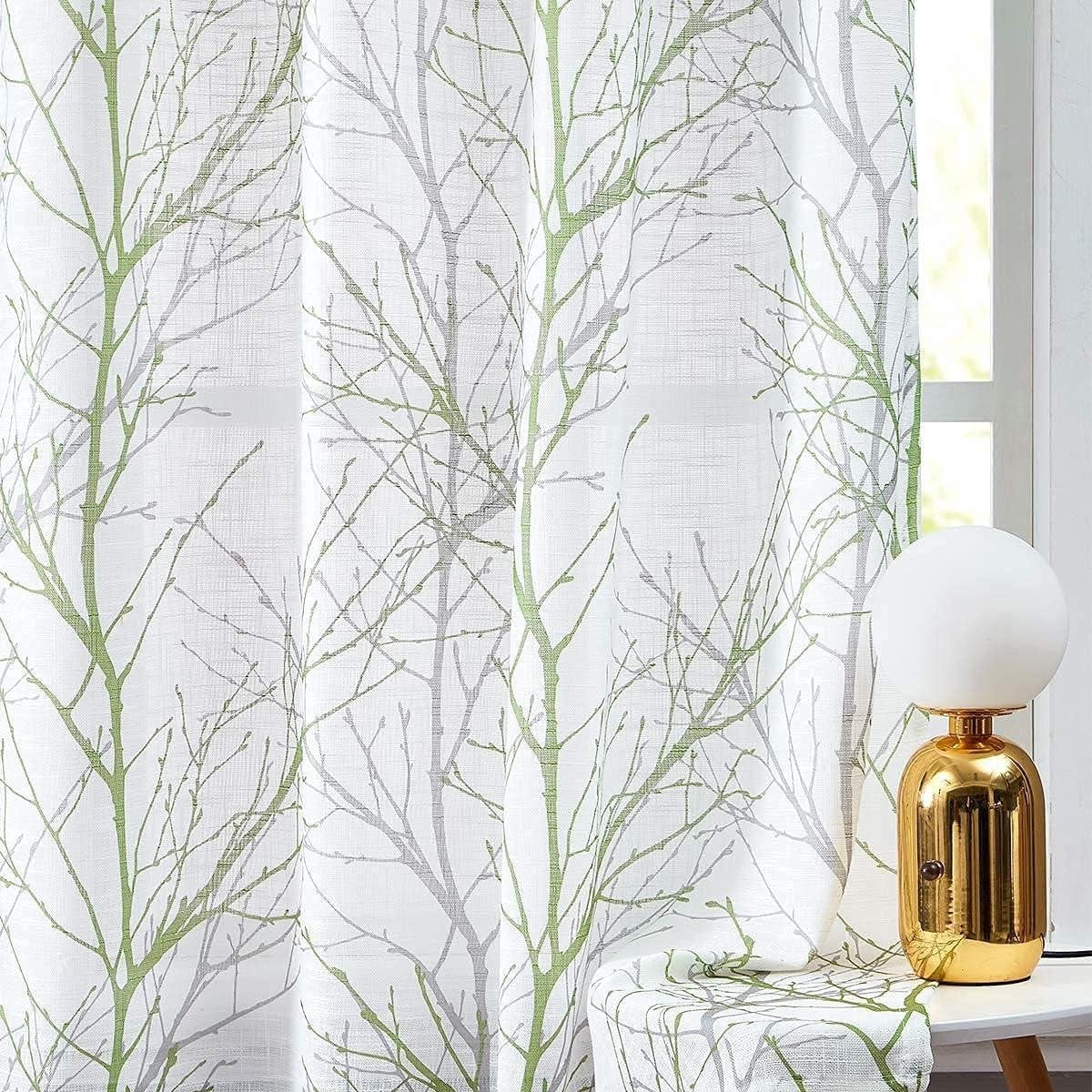 Gedrukte Gordijnen Botanische Panelen met Linnen Textuur - Groen - 2x 127 x 137 cm