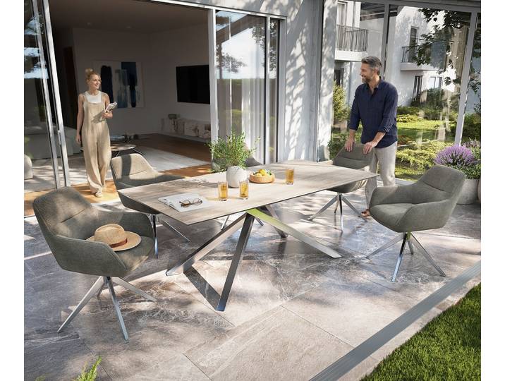 Outdoortisch Edge 200x100 cm Keramik Laminam® Travertino Bianco Creme-Weiß Kreuzgestell Rechteck Edelstahl, Outdoortische