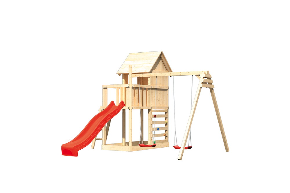 KARIBUHOLZT Akubi Stelzenhaus Frieda natur Rutsche rot+DS+Kletterwand 16938211