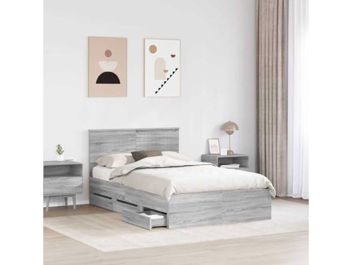 KTHLBRH Boxspringbett Grau Sonoma 120 x 190 cm Technisches Holz, 6 versteckte Schubladen, feste Leisten, quadratische Beine, einfache Reinigung