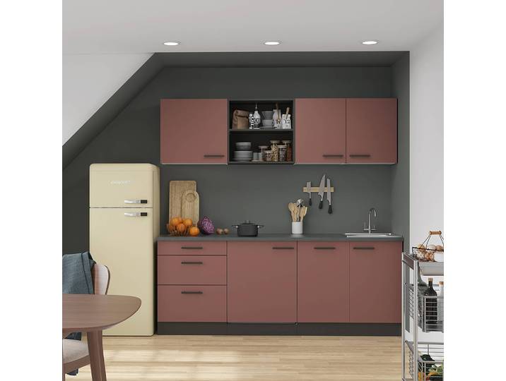 Küchenzeile Anthrazit D 210 x 207 x 60cm Rot/Rostrot ohne Elektrogeräte