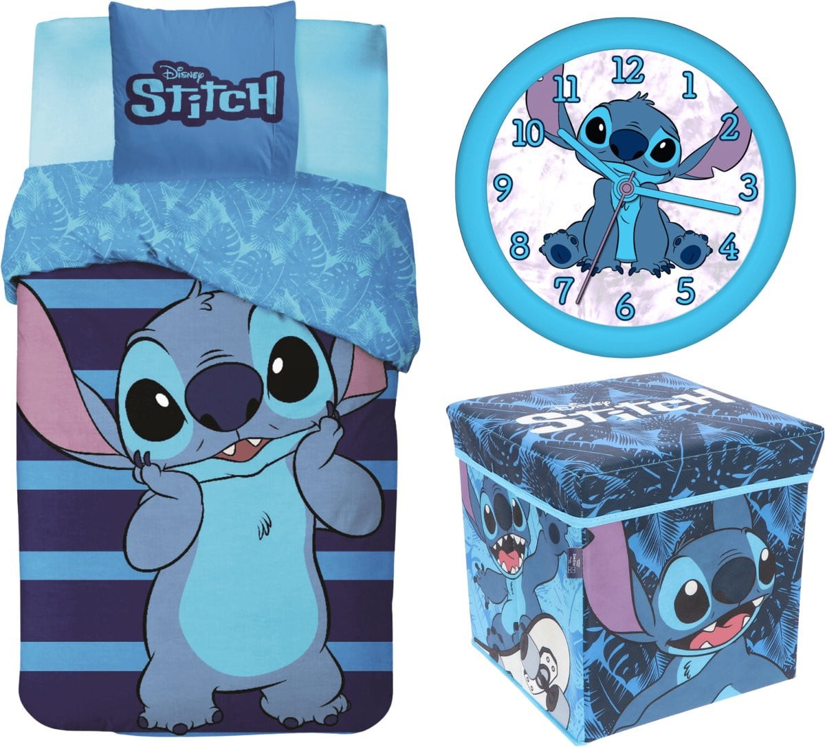 Lilo & Stitch slaapkamerset met dekbedovertrek, wandklok en opbergdoos/stoel