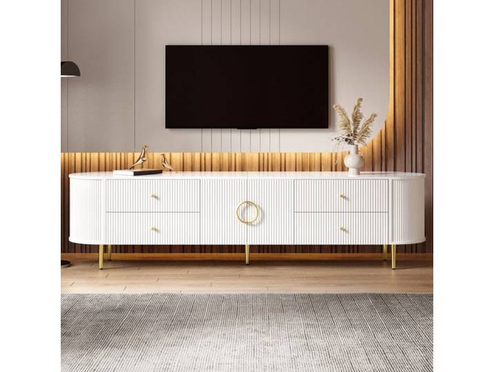 Bladez - Meuble TV moderne 180x40x53 cm Mobilier de salon avec portes ondulées 3D poignées pieds fer - Blanc