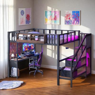 ZWYO HOSIMU Queen Metal Loft Bed with Desk, Storage Drawers, Storage Stairs, USB Ports and LED Lights for Teens Adults