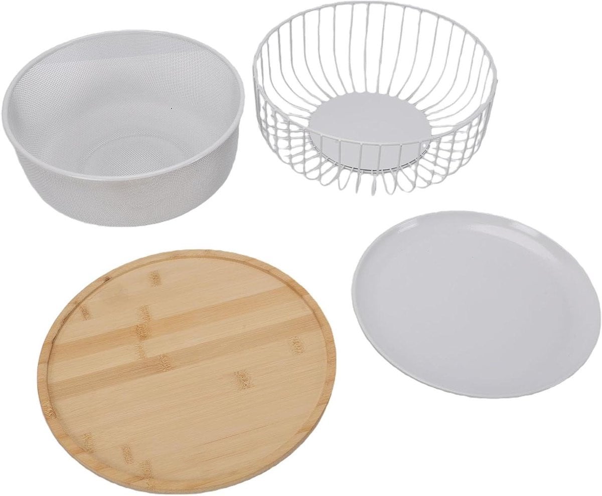 Zwarte metalen fruitmand met houten basis - 29 cm