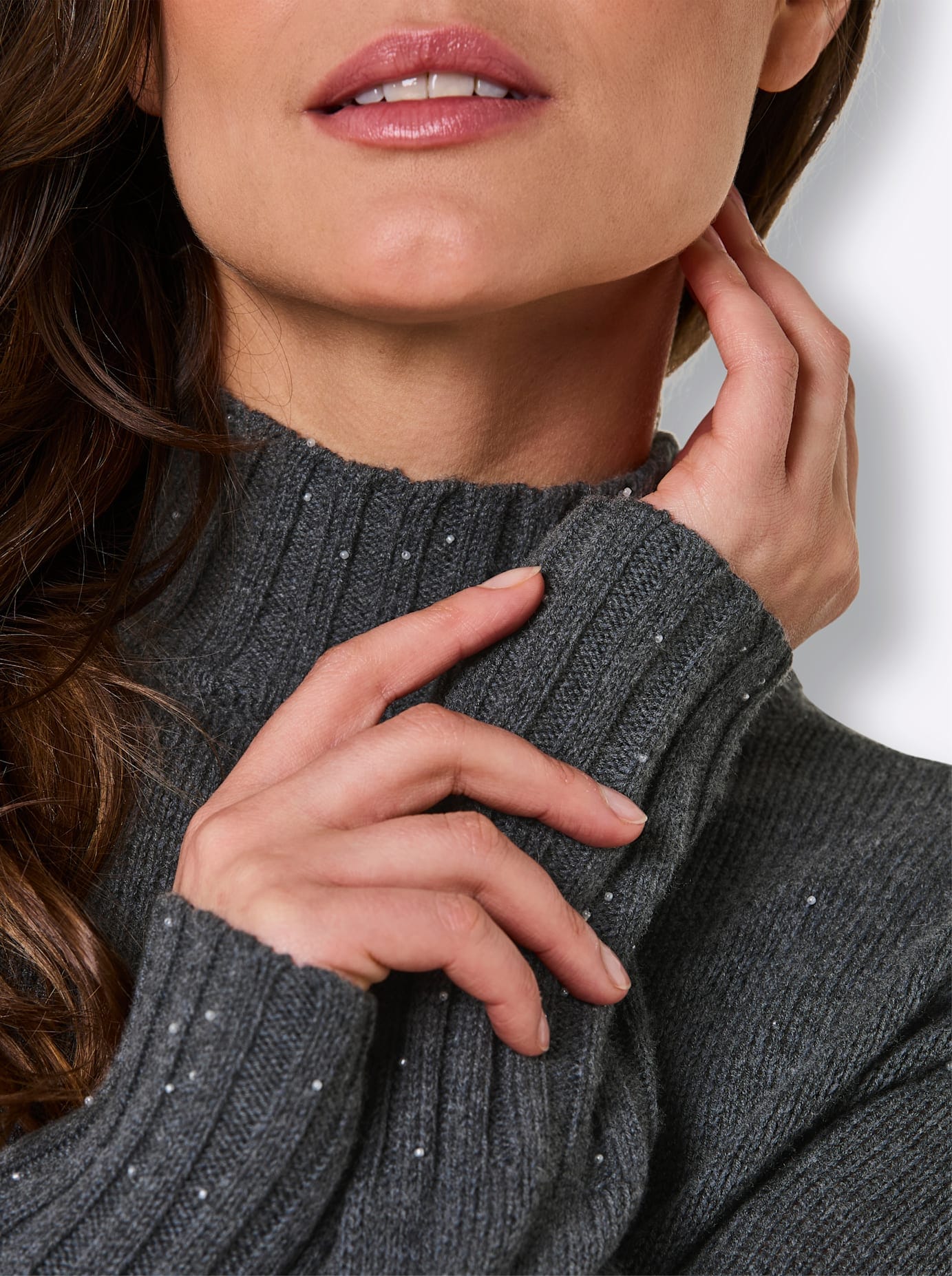 Wollpullover CREATION L PREMIUM "Kaschmir-Woll-Pullover", Damen, Gr. 42, grau (anthrazit), 90% Wolle, 10% Kaschmir, unifarben, Pullover Wollpullover anthrazit 42