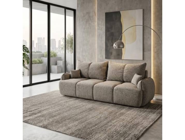 Mebligo LOBINO 3-Sitzer Schlafcouch aus Chenille mit Bettkasten, Schlaffunktion und DL-Automat fürs Wohnzimmer, Couch mit Bettfunktion, Dunkelbeige