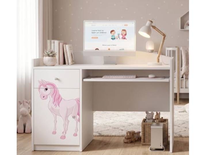 Happy Babies Jugendschreibtisch Weiß 125x60 cm für Kinder Teenager, Schülerschreibtisch Bedruckt, Basteltisch Kindermöbel