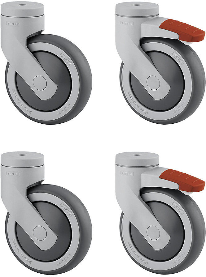 Kunststoffrolle, Set-Angebot, 2 Lenkrollen mit Doppelstopp und 2 Lenkrollen, Rückenloch, Rad-Ø x Breite 100 x 32 mm TENTE