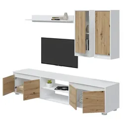 Dmora Wohnwand Wells, Wohnzimmerset, Mehrzweck-Wohnzimmermöbel, Komposition für modernes Wohnzimmer, 200x40h114 cm, Weiß und Eiche