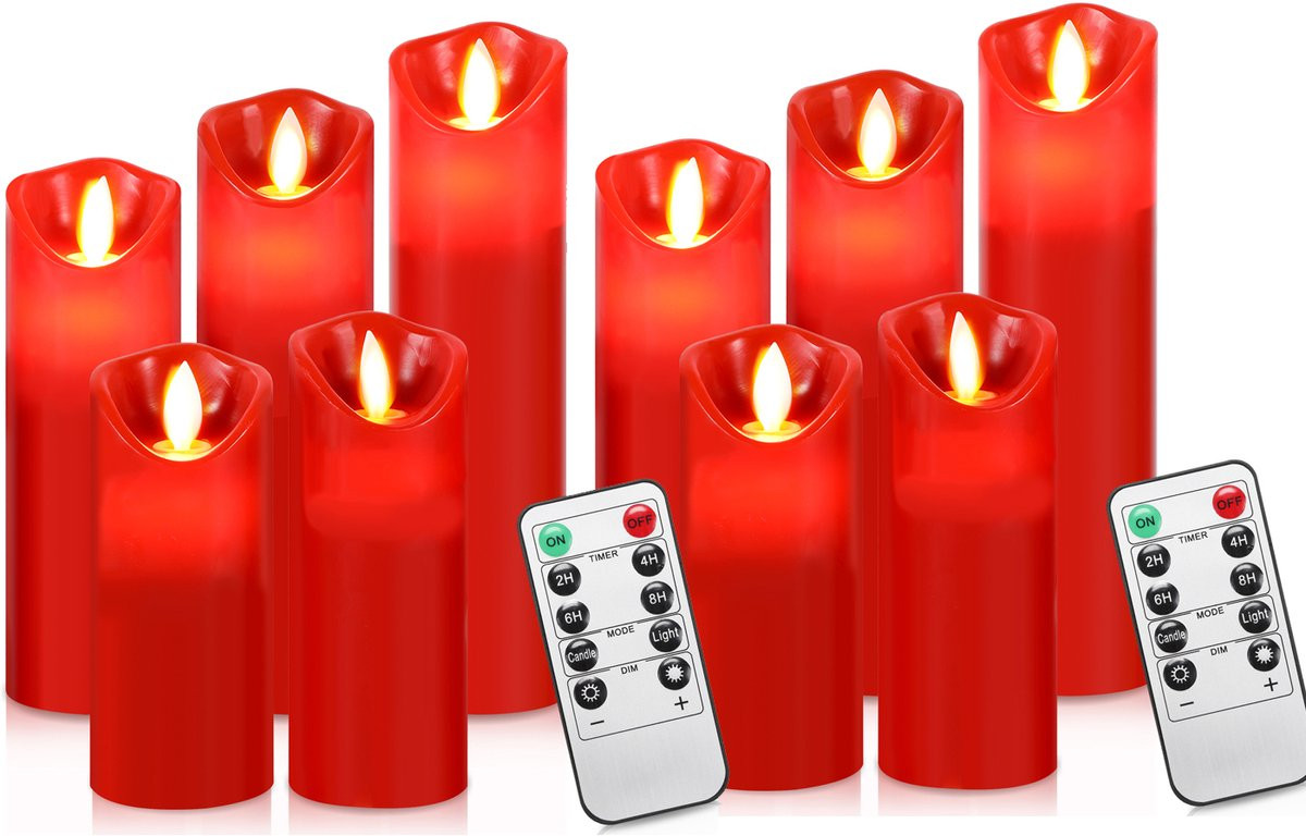 Set van 10 rode LED kaarsen met bewegende vlam, timerfunctie en afstandsbediening