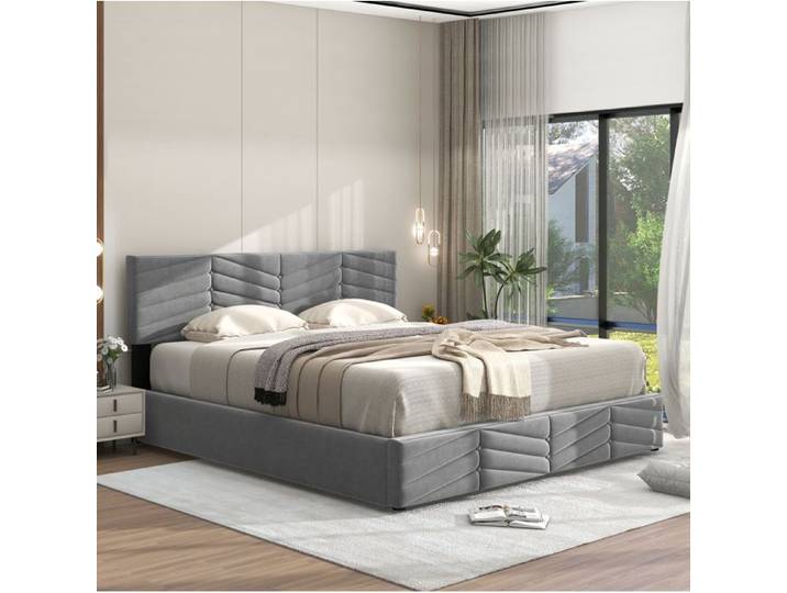 Lit double gris 140×200 cm avec rangement coffre sommier inclus tête de lit réglable structure solide