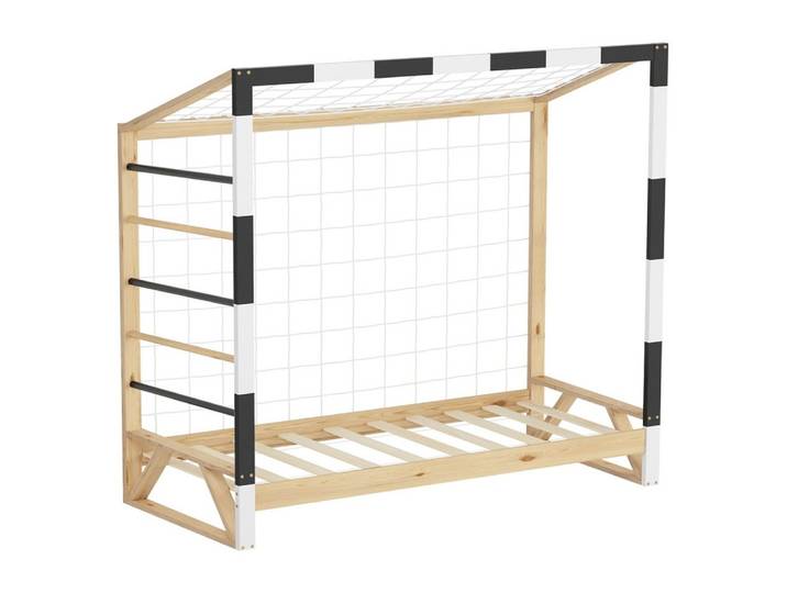 ML-DESIGN Spielbett Kinderbett Fußballtor Holzbett Einzelbett mit Lattenrost & Netz Bett, Handballtor Abenteuerbett 80x160cm Natur für Kinder aus Kiefernholz
