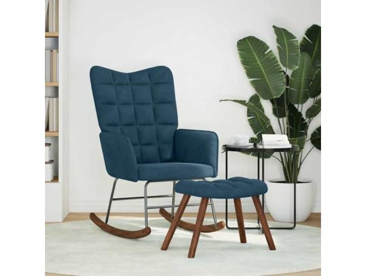 Samt Schaukelstuhl mit Fußablage Blau, Stabiler Sperrholzrahmen Samt Stoff blau Holzbeine 2in1 Fußstütze für Wohnzimmer Schlafzimmer Arbeitszimmer