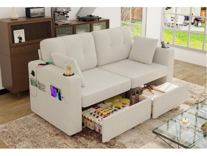 LVHOM 2-Sitzer Loungesofa mit Stauraum, Seitentaschen, Getränkehaltern, USB-/-C-Port, 2xausziehbare Stauraum unten, Seitenfach+Seitentaschen, 2xGetränkehalter, 2xLadeanschlüsse, Chenille, inkl. 2 Zierkissen, Holzrahmen, bis 250 kg, für Wohn-, Schlaf-, Arbeitszimmer & Apartement