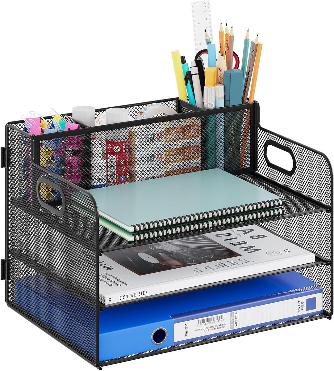 Desk Shelf voor A4 Papier met 3 Compartimenten - Zwarte Metalen Desk Organizer voor Thuis en School