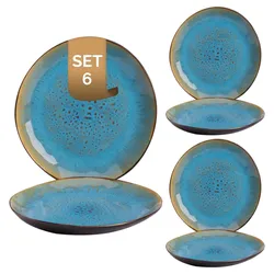 6 x palmer Lotus Teller flach, Steinzeug, Ø  20,5 cm, für ein 6 Personen Gedeck, außen dunkelbraun matt, innen türkis glänzend, Farbverlauf.