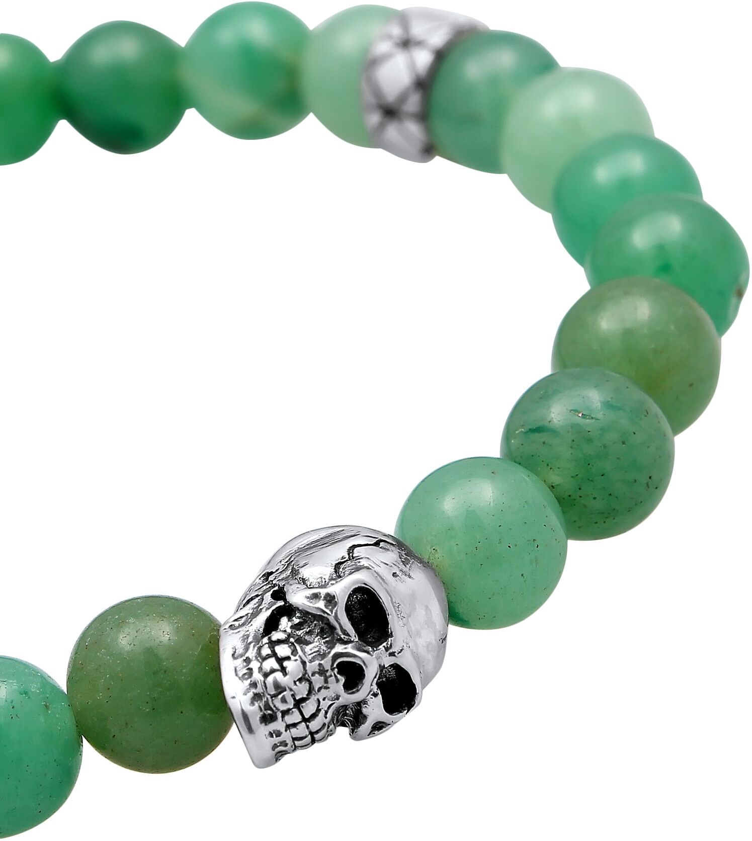 Armkette KUZZOI "Armband Herren Totenkopf Bead Aventurin Grün 925 Silber" Gr. 210, grün (hellgrün), Armbänder, Herren, 210, Silber 925 (Sterlingsilber), Armkette