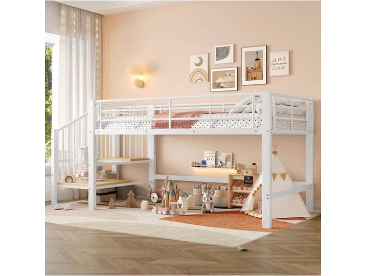 VUENOR Lit mezzanine mi-hauteur 90 x 200 cm blanc avec escalier de rangement sans matelas