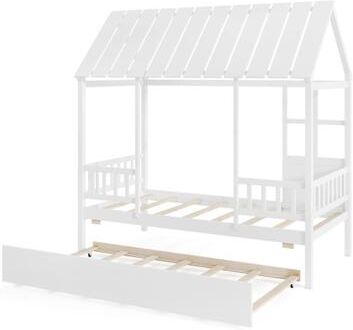 Costway Twin Size House Bed with Trundle Kids Platform Bed with Roof Window-White