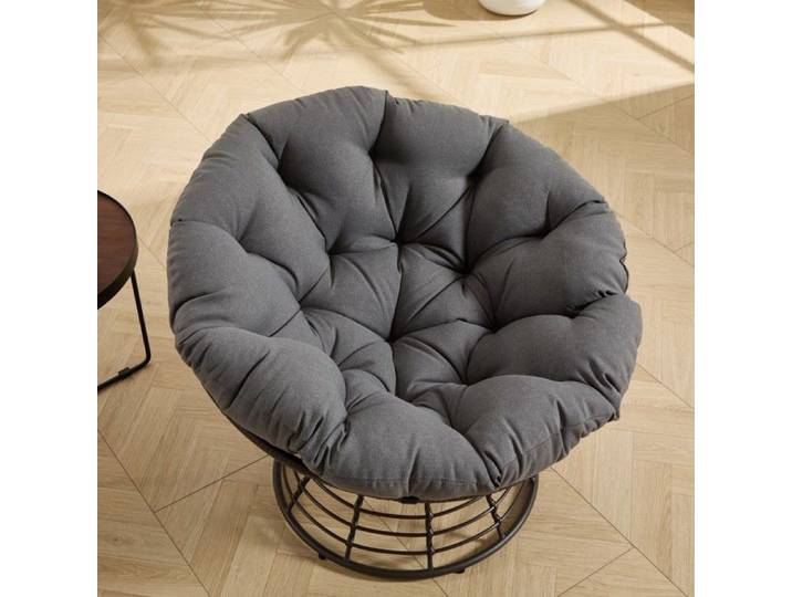 Fauteuil osier pivotant 360° confort coussin épais salon chambre coin lecture structure marron coussin gris 92x92x67cm
