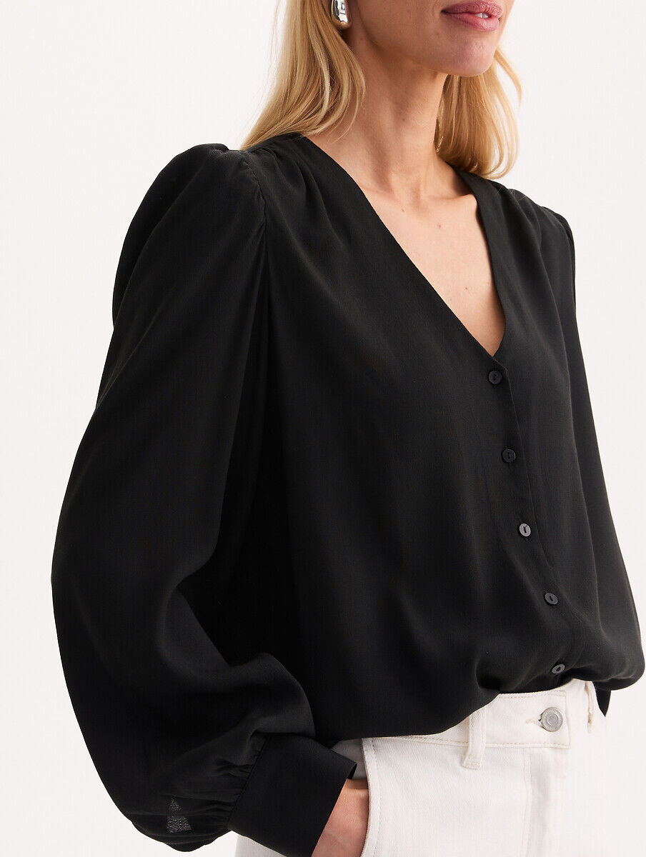ANNE WEYBURN Blouse col V, manches longues, crêpe de viscose fluide, fronces aux épaules