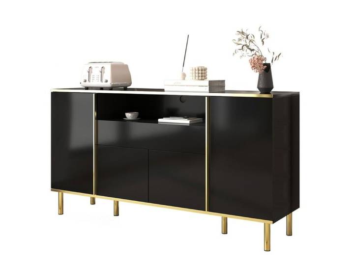 Buffet Noire Brillante 150x40x80cm - 1 Tiroir - Commode chambre élégante rangement moderne design brillant