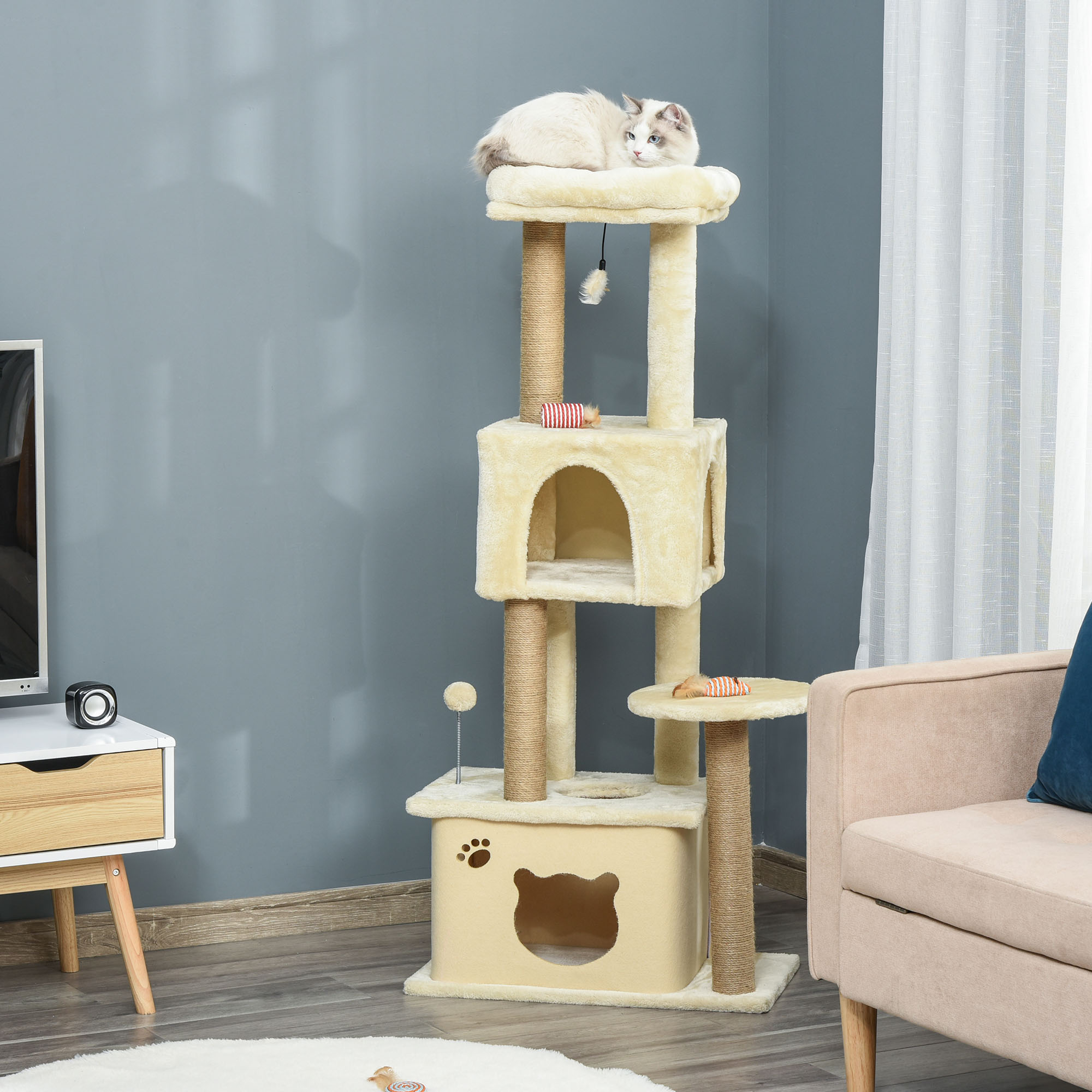 Pawhut Albero Tiragraffi per Gatti Alto 136 cm con Cuccia Rimovibile, Casetta e Lettino, Pali in Iuta, Beige   Aosom Italy