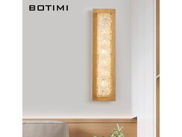 BOTIMI moderne Rectangle frêne bois mur LED lampe pour chambre nordique à côté applique murale acrylique maison DECO longue éclairage raccord