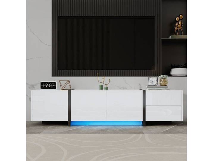 Meuble TV lowboard blanc laqué avec pieds noirs portes et tiroirs simples