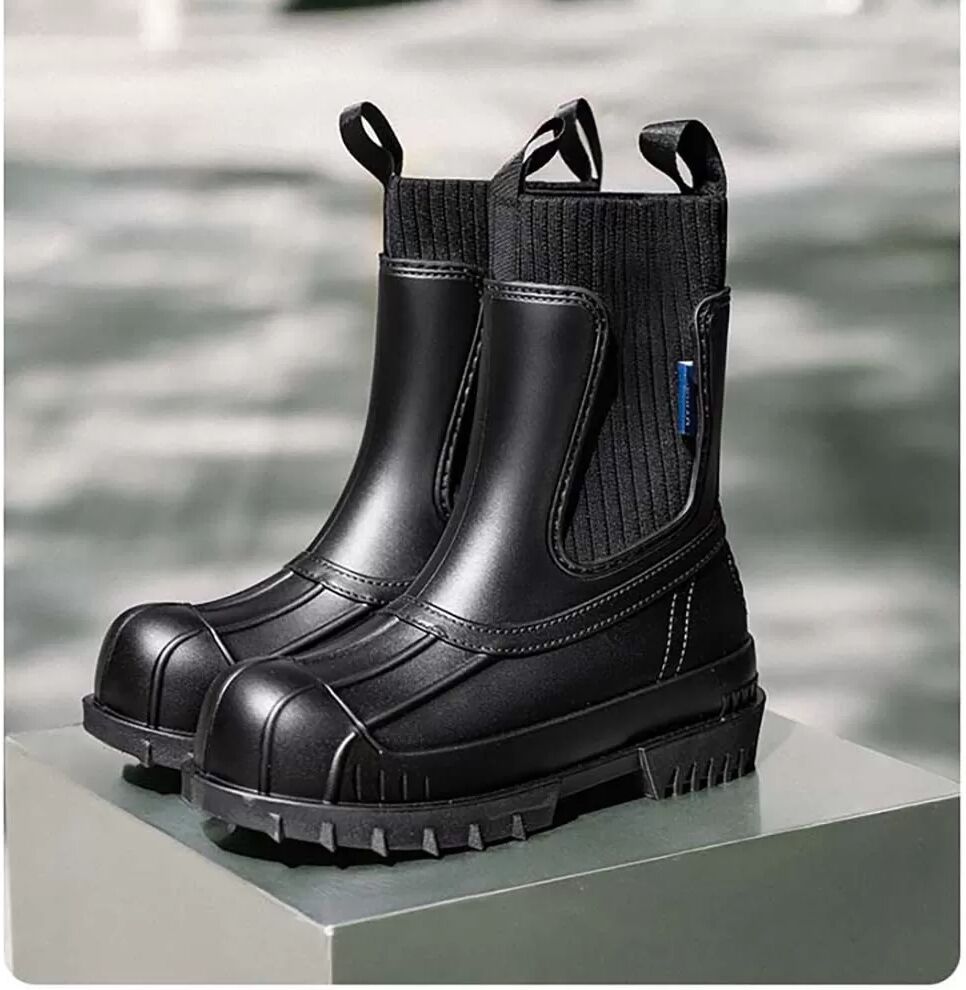 INF Englischer Stil Damen Wasserdichte Regenstiefel aus PVC mit elastischem Strickbund, modische kurze Gummistiefel, kompatibel Schwarz 38