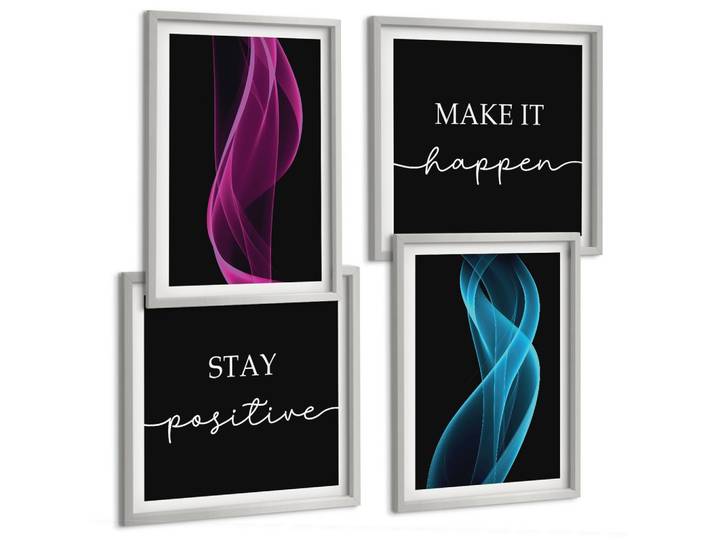 BILDER SET 4er Set - 50x50 cm & 40x60 cm Silberner Rahmen - Neonlinienwellen im Hintergrund