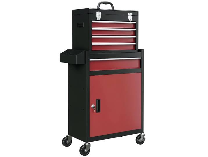 HOMCOM Chariot d'atelier Servante d'Atelier sur roulettes, Chariot avec Caisse à Outils Amovible, 5 tiroirs et armoire verrouill