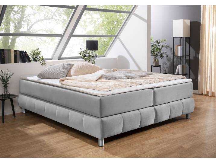 Boxspringbett, Samtoptik, Hellgrau, 166×226 cm, Ohne Kopfteil, Modern, andas