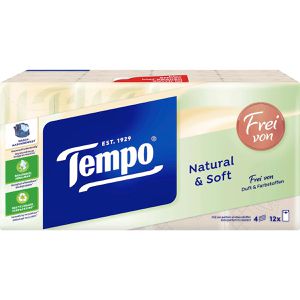 Tempo Taschentücher natural & soft, duftfrei, Päckchen, Zellstoff, 4-lagig, ohne Farbstoffe, je 9 Tücher, 12 Stück