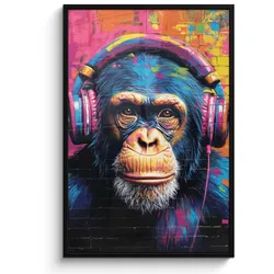 POSTER MIT RAHMEN Graffiti - Schimpanse - Straßenkunst - Kopfhörer - Affe Bilderleiste 80x120 cm