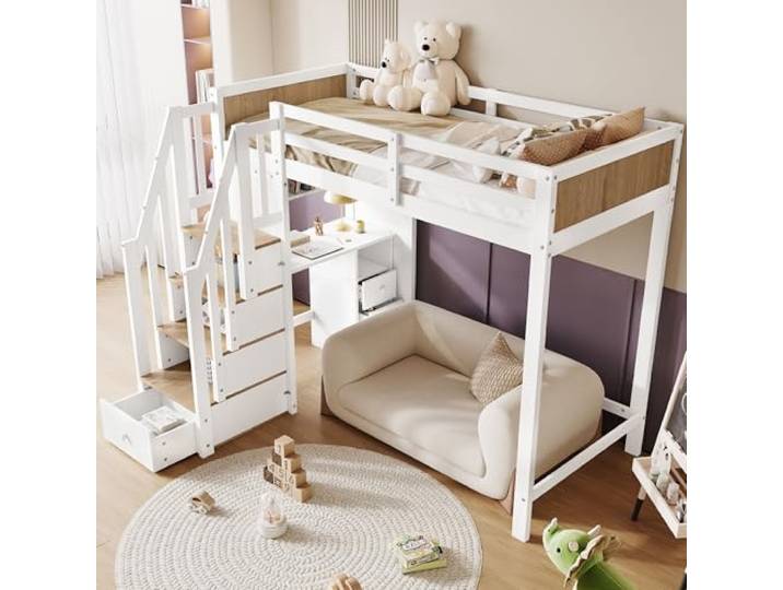 Merax Hochbett 90x200cm, Kinderbett mit Schreibtisch & Regale, multifunktionales Etagenbett mit Treppe Stauraum, Stockbett mit Rausfallschutz & Lattenrost, für Jungen, Mädchen, Ohne Matratze, Weiß