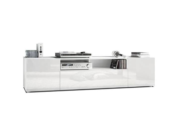 Vladon Meuble TV Armoire basse Mogan Corps en Blanc mat - Façades en Blanc haute brillance