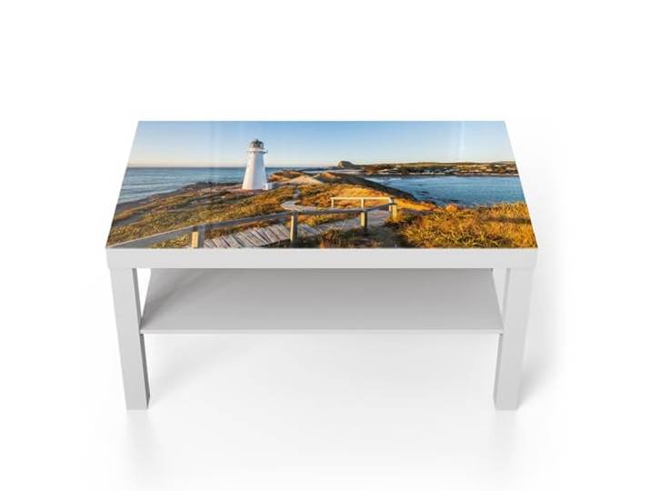 DEQORI Glastisch weiß groß 90x50 cm Motiv Leuchtturm Idylle ausgefallener Beistelltisch aus Glas Hochglanz Couchtisch fürs Wohnzimmer moderner Couch Tisch mit Design