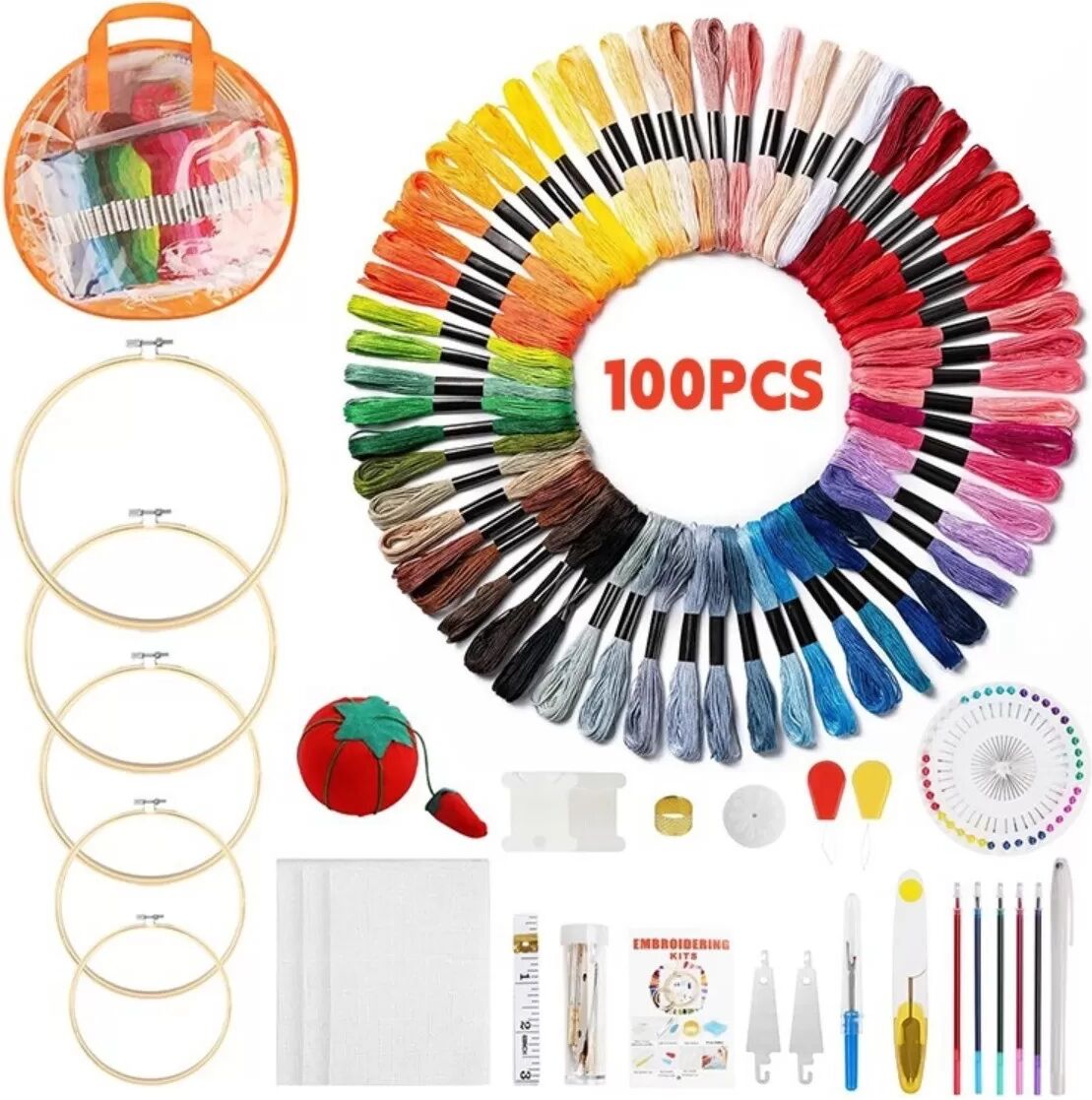 INF DIY Webwerkzeug-Set kompatibel mit Kreuzstich — 100-farbiges Polyester-Stickgarn-Set mit 5 Bambus-Stickrahmen
