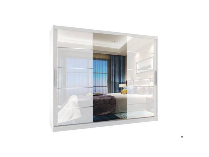 BELINI Grande Armoire 3 Portes Coulissantes VERONA MGB 232 cm - Blanc Brillant - Miroir Intégré & 4 Tiroirs - Chambre Adulte