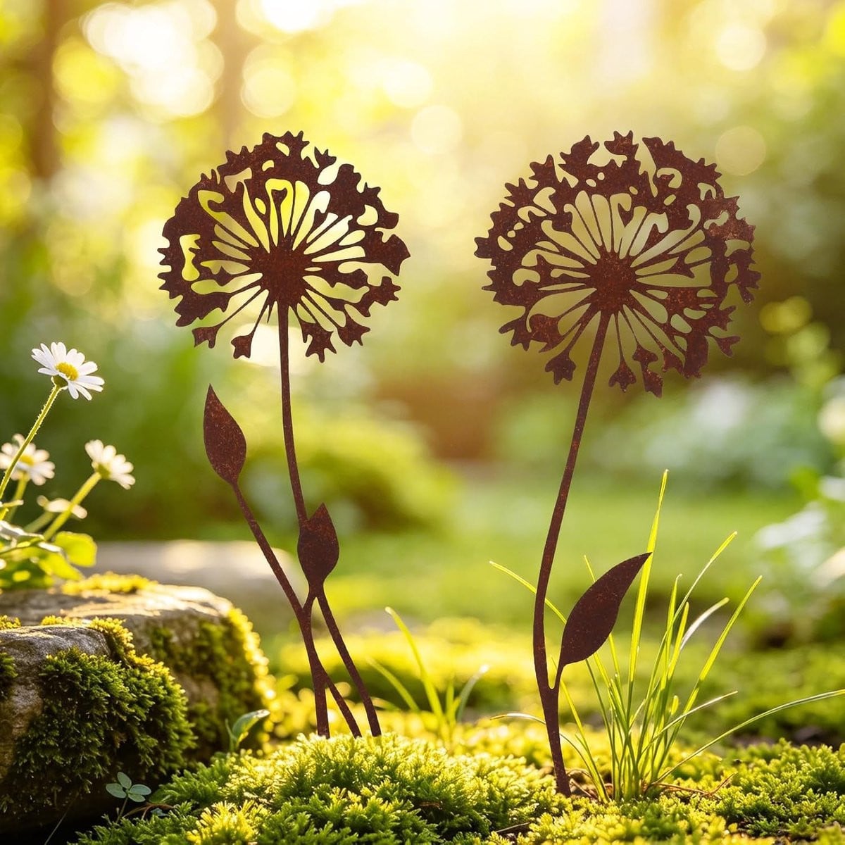 Set van 2 weerbestendige dandelion tuinstekers met patina decoratie voor in de tuin, het balkon of bloempotten