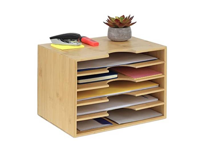 Relaxdays Briefablage Bambus, Büro Organizer für A4 Papier, 5 Fächer, Natur