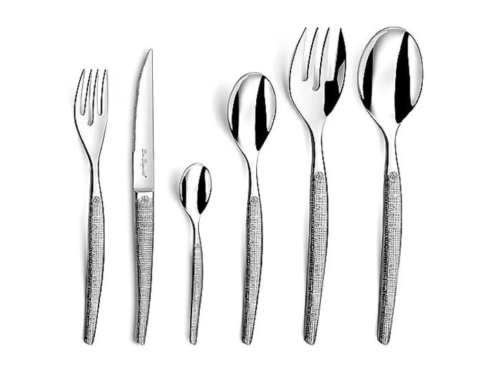 LOU LAGUIOLE Jet Textil Ménagère 50 couverts steak Pour 12 personnes\, Inox Ménagère 50 couverts avec couteaux steak pour 12 personnes\, Acier inoxydable 18/0\, Finition Textil\, Compatible lave-vaisselle