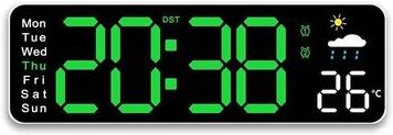 Uplift Picks USB Powered Large Digital Wall Clock With Temperature Date And Week Display black green