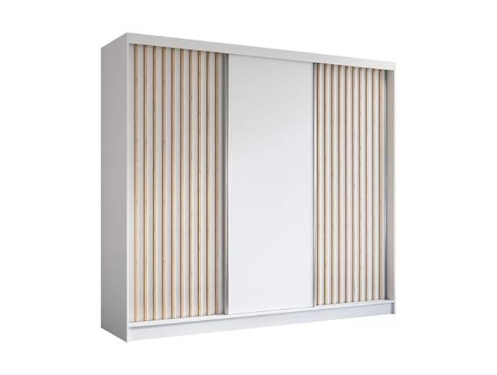 AXLIVING Cabinio Schwebetürenschrank Weiß – 240cm Artisan Lamellen Schwebetürenschrank 240 breit. Kleiderschrank mit vielen Fächern. Laminierte Möbelplatte. Laguna-Schiebetürsystem.